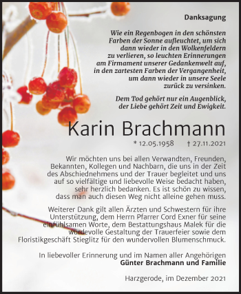 Traueranzeige von Karin Brachmann von Trauerkombi Quedlinburg