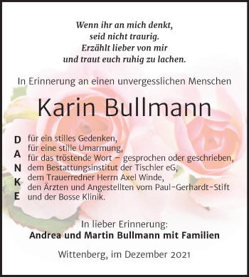 Traueranzeige von Karin Bullmann von Trauerkombi Wittenberg