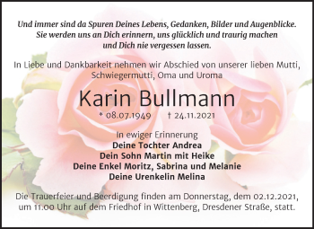 Traueranzeige von Karin Bullmann von Wochenspiegel Wittenberg