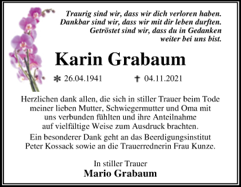 Traueranzeige von Karin Grabaum von Trauerkombi Dessau