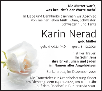 Traueranzeige von Karin Nerad von Wochenspiegel Naumburg/Nebra