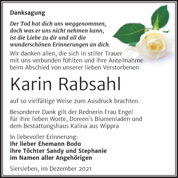 Traueranzeige von Karin Rabsahl von Trauerkombi Mansfelder Land