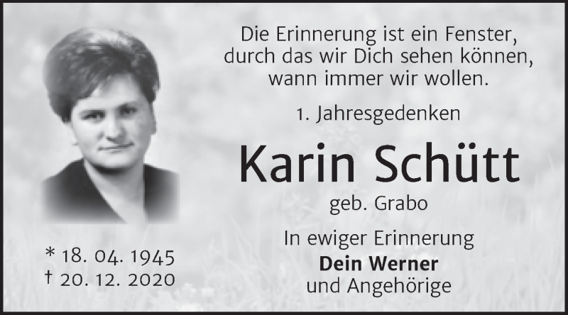 Traueranzeige für Karin Schütt vom 22.12.2021 aus Trauerkombi Wittenberg