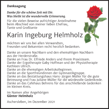 Traueranzeige von Karin Ingeburg Helmholz von Trauerkombi Aschersleben