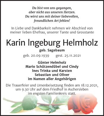 Traueranzeige von Karin lngeburg Helmholz von Trauerkombi Aschersleben