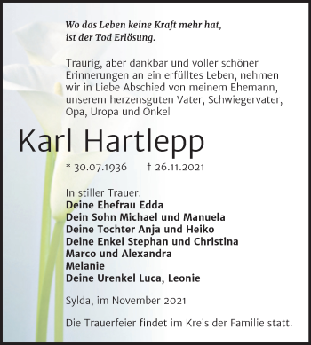Traueranzeige von Karl Hartlepp von Mitteldeutsche Zeitung Mansfelder Land