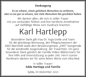 Traueranzeige von Karl Hartlepp von Mitteldeutsche Zeitung Mansfelder Land