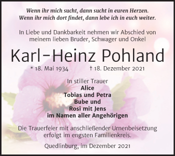 Traueranzeige von Karl-Heinz Pohland von Trauerkombi Quedlinburg