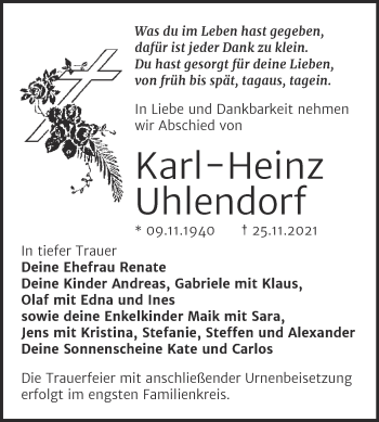Traueranzeige von Karl-Heinz Uhlendorf von Trauerkombi Bitterfeld
