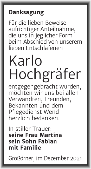 Traueranzeige von Karlo Hochgräfer von Trauerkombi Mansfelder Land
