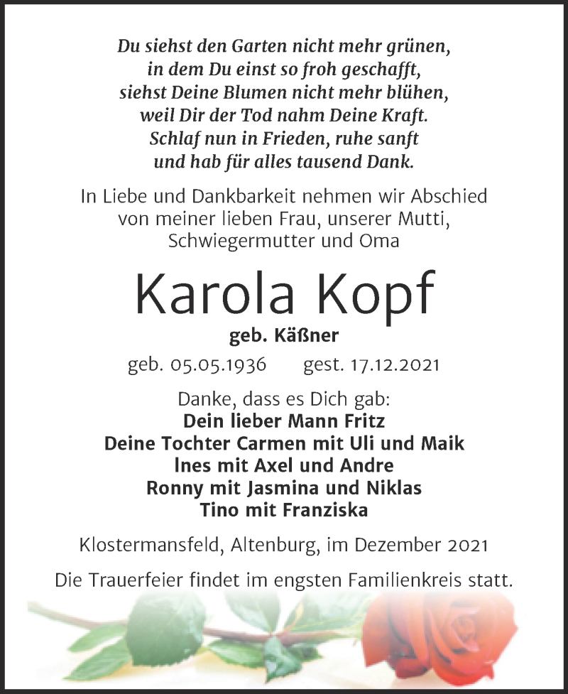  Traueranzeige für Karola Kopf vom 31.12.2021 aus Trauerkombi Mansfelder Land