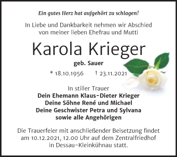 Traueranzeige von Karola Krieger von Trauerkombi Dessau
