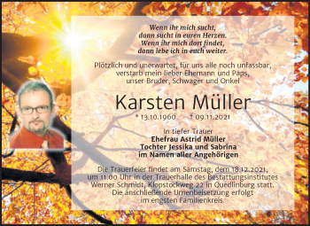 Traueranzeige von Karsten Müller von Trauerkombi Quedlinburg