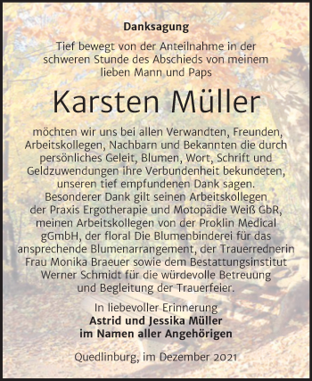 Traueranzeige von Karsten Müller von Trauerkombi Quedlinburg