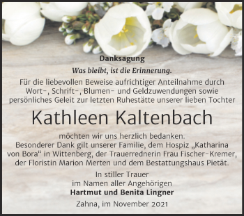 Traueranzeige von Kathleen Kaltenbach von Trauerkombi Wittenberg