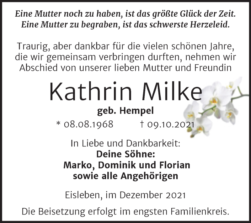  Traueranzeige für Kathrin Milke vom 04.12.2021 aus Trauerkombi Mansfelder Land