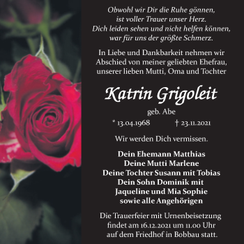 Traueranzeige von Katrin Grigoleit von Trauerkombi Bitterfeld