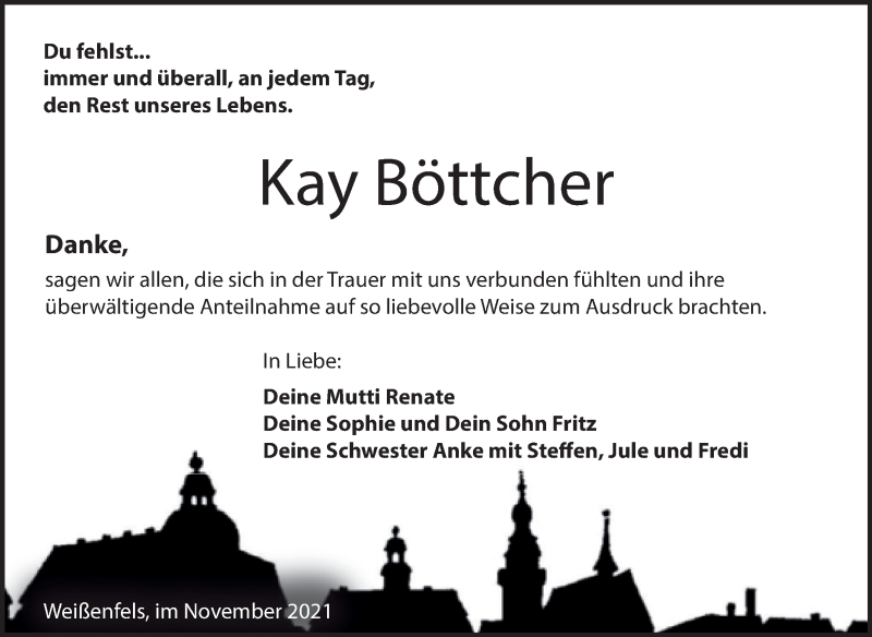  Traueranzeige für Kay Böttcher vom 01.12.2021 aus Trauerkombi Weißenfels