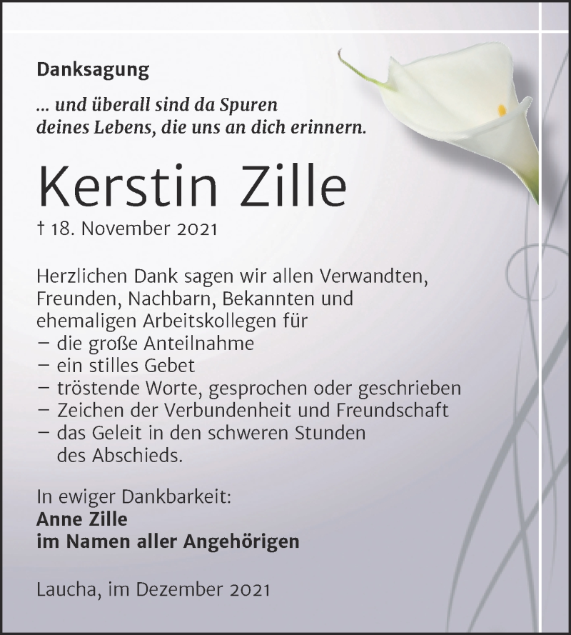  Traueranzeige für Kerstin Zille vom 29.12.2021 aus Wochenspiegel Naumburg/Nebra