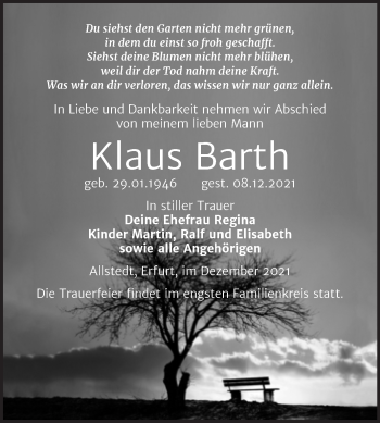 Traueranzeige von Klaus Barth von Trauerkombi Sangerhausen