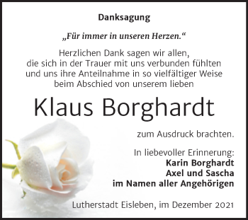 Traueranzeige von Klaus Borghardt von Trauerkombi Mansfelder Land