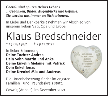 Traueranzeige von Klaus Bredschneider von Trauerkombi Wittenberg