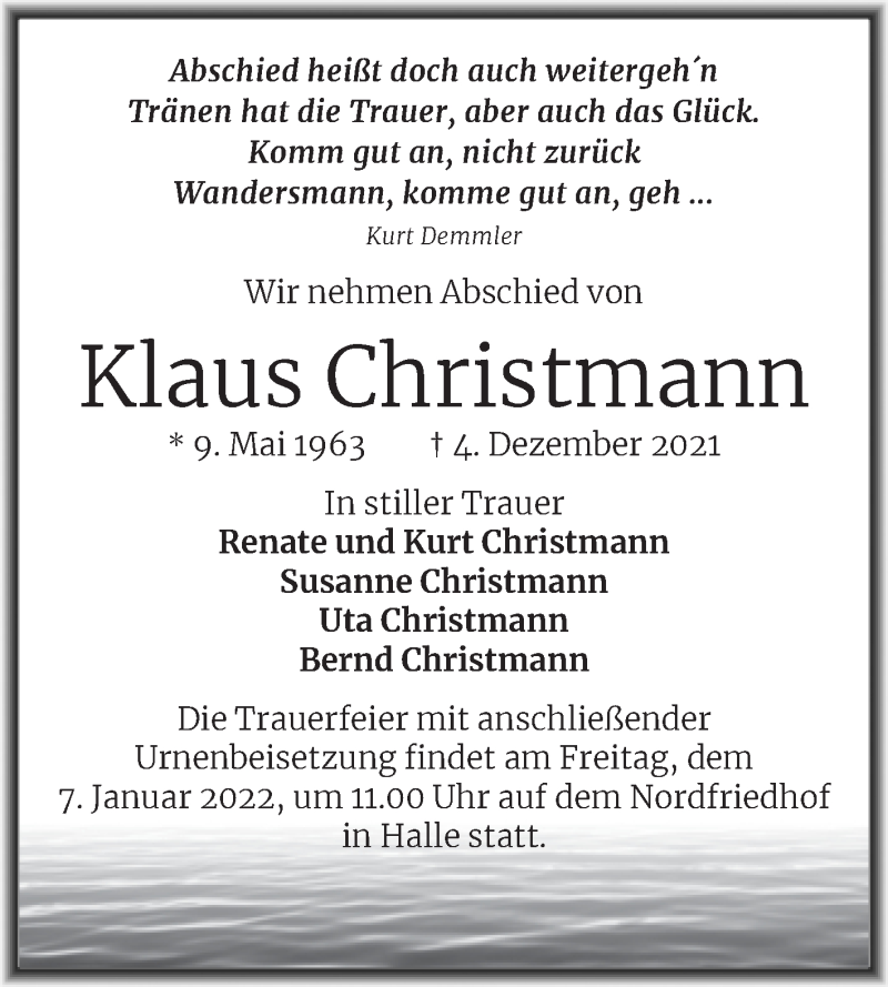  Traueranzeige für Klaus Christmann vom 18.12.2021 aus Mitteldeutsche Zeitung Halle/Saalkreis