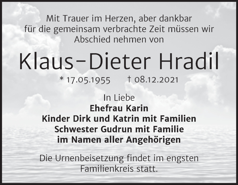  Traueranzeige für Klaus-Dieter Hradil vom 18.12.2021 aus Trauerkombi Bernburg