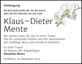 Traueranzeige von Klaus-Dieter Mente von Trauerkombi Quedlinburg