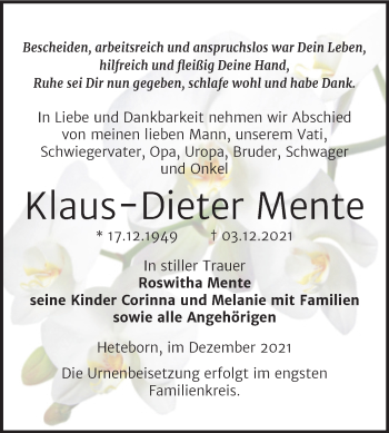 Traueranzeige von Klaus-Dieter Mente von Trauerkombi Quedlinburg