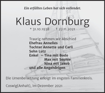 Traueranzeige von Klaus Dornburg von Trauerkombi Wittenberg