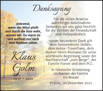 Traueranzeige von Klaus Golm von Trauerkombi Weißenfels