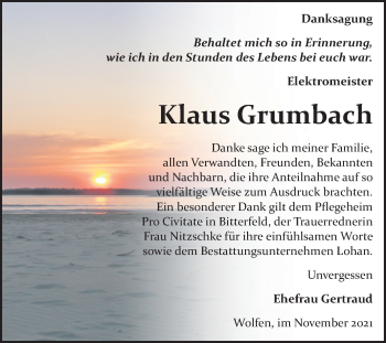 Traueranzeige von Klaus Grumbach von Trauerkombi Bitterfeld
