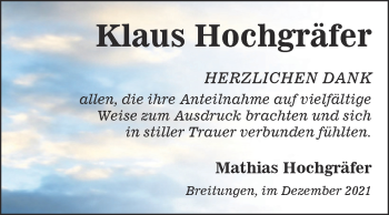 Traueranzeige von Klaus Hochgräfer von Trauerkombi Sangerhausen