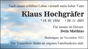 Traueranzeige von Klaus Hochgräfer von Trauerkombi Sangerhausen