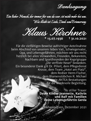 Traueranzeige von Klaus Kirchner von Trauerkombi Weißenfels