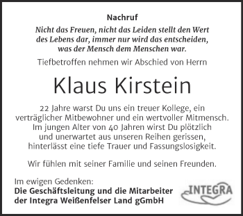 Traueranzeige von Klaus Kirstein von Mitteldeutsche Zeitung Weißenfels