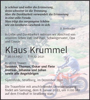Traueranzeige von Klaus Krummel von Trauerkombi Quedlinburg
