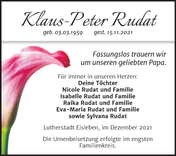 Traueranzeige von Klaus-Peter Rudat von Trauerkombi Mansfelder Land