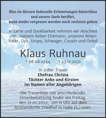 Traueranzeige von Klaus Ruhnau von Mitteldeutsche Zeitung Halle/Saalkreis