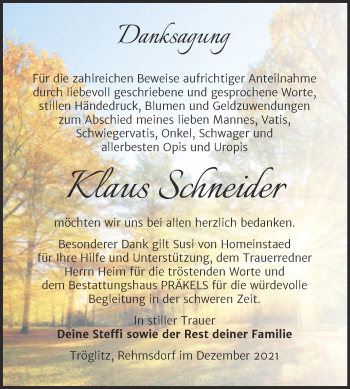 Traueranzeige von Klaus Schneider von Trauerkombi Zeitz