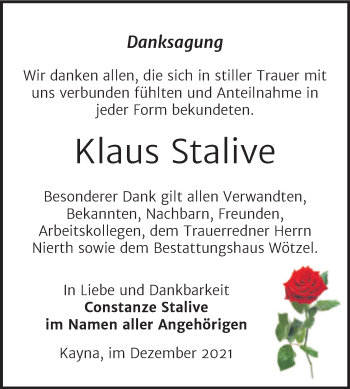 Traueranzeige von Klaus Stalive von Trauerkombi Zeitz