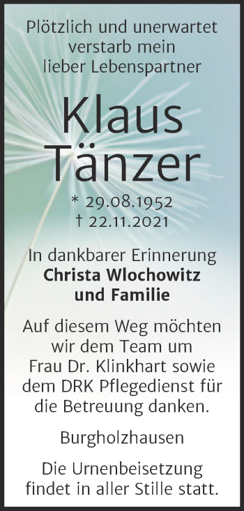 Traueranzeige von Klaus Tänzer von Wochenspiegel Naumburg/Nebra