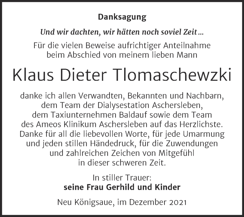  Traueranzeige für Klaus Dieter Tlomaschewzki vom 18.12.2021 aus Super Sonntag Aschersleben