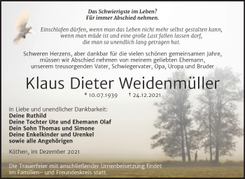 Traueranzeige von Klaus Dieter Weidenmüller von Trauerkombi Köthen
