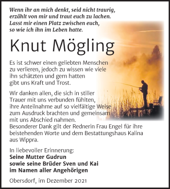 Traueranzeige von Knut Mögling von Trauerkombi Sangerhausen