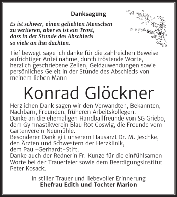 Traueranzeige von Konrad Glöckner von Trauerkombi Wittenberg