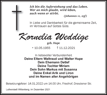Traueranzeige von Kornelia Weddige von Trauerkombi Wittenberg