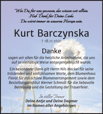 Traueranzeige von Kurt Barczynska von Trauerkombi Quedlinburg