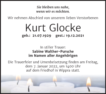 Traueranzeige von Kurt Glocke von Mitteldeutsche Zeitung Mansfelder Land